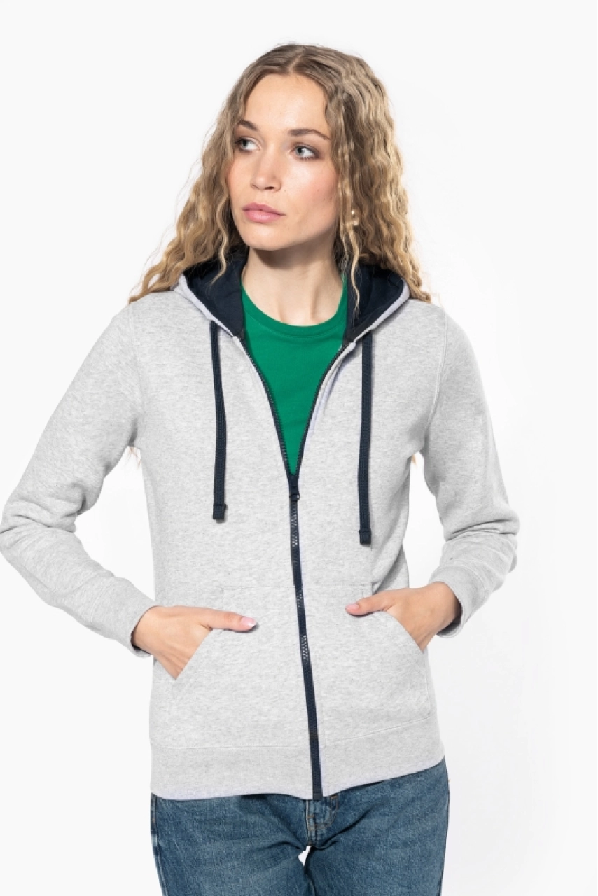 Sweat-shirt zippé capuche contrastée femme